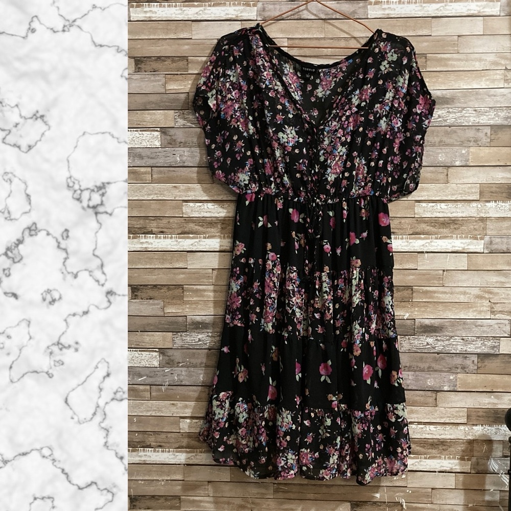 Torrid Black Floral Chiffon Fit & Flare Mini Dress